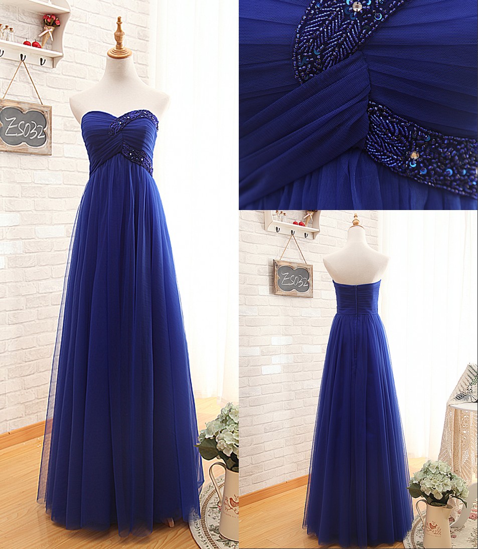 Pretty Royal Blue Tulle Sweetheart Beaded Long Prom Dress, Blue Formal Dresses, Tulle Party Dresses