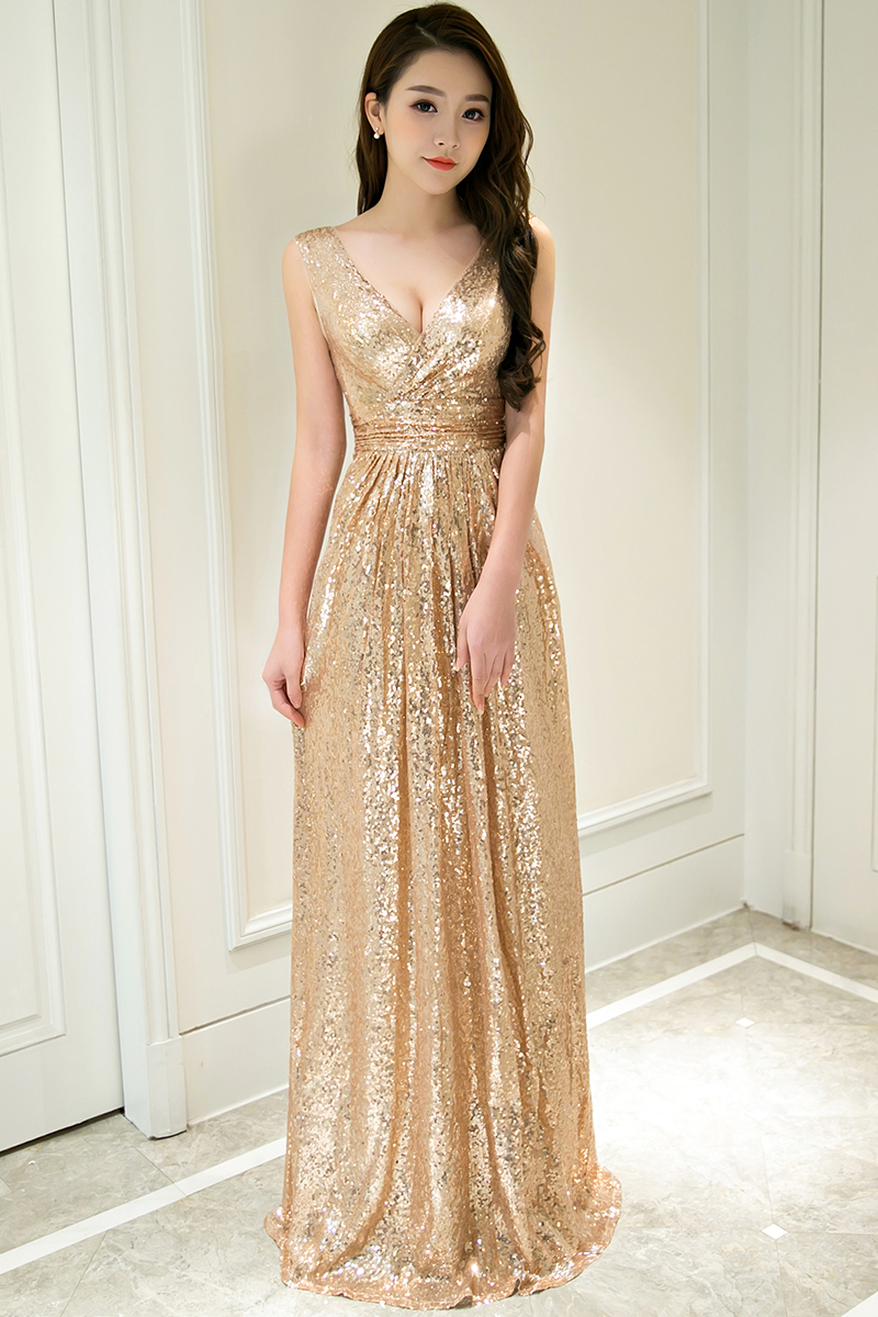 Gold Sequins V-neckline Bridesmaid Dresses, Sequins Bridesmaid Dress 2018, Party Dress For Women