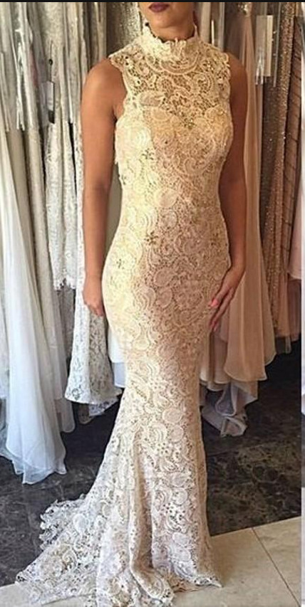 Champagne Lace Mermaid Round Neckline Floor Length Gowns, Lace Prom Dresses, Evening Gowns