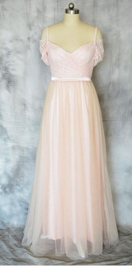 Pink Tulle And Lace Straps Off Shoulder Long Party Dresses, Prom Dresses 2018, Bridesmaid Dresses