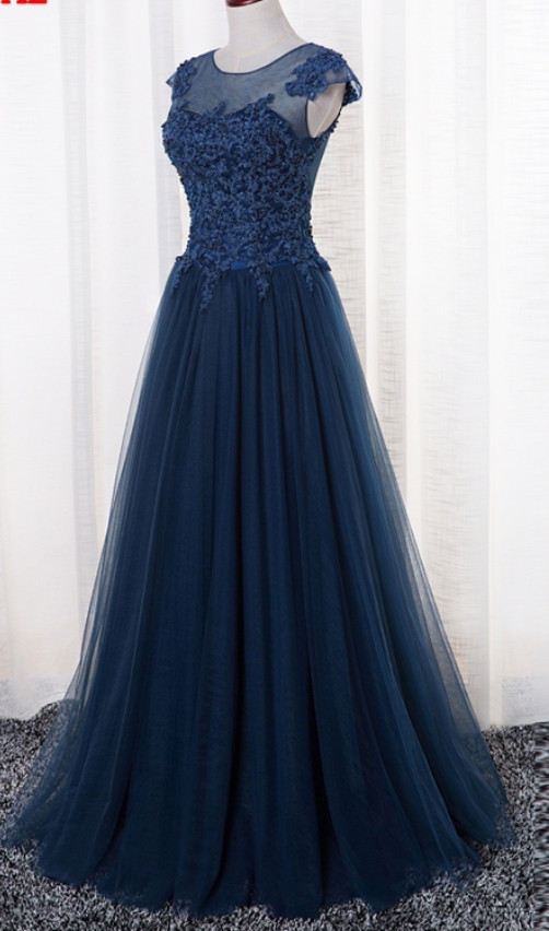 Navy Blue Tulle Long Prom Gowns, Blue Prom Dresses, Formal Dresses