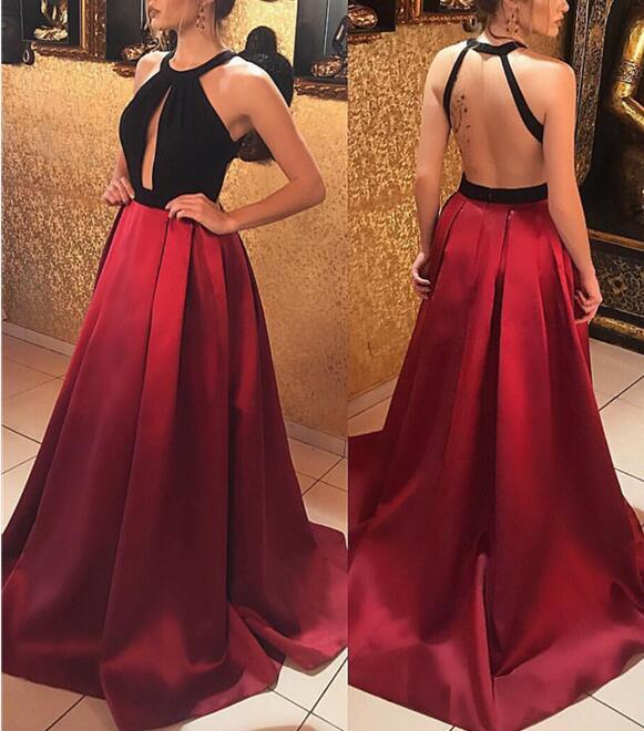 Red And Black Halter Satin Floor Length Evening Dresses, Sexy Prom Dresses, Party Dress