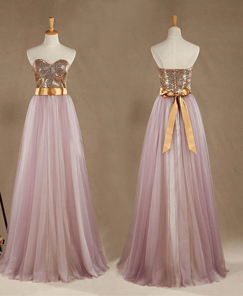 Gold Sequins And Pink Tulle Chiffon Long Bridesmaid Dresses, A-line Formal Dress With Bow, Party Dresses