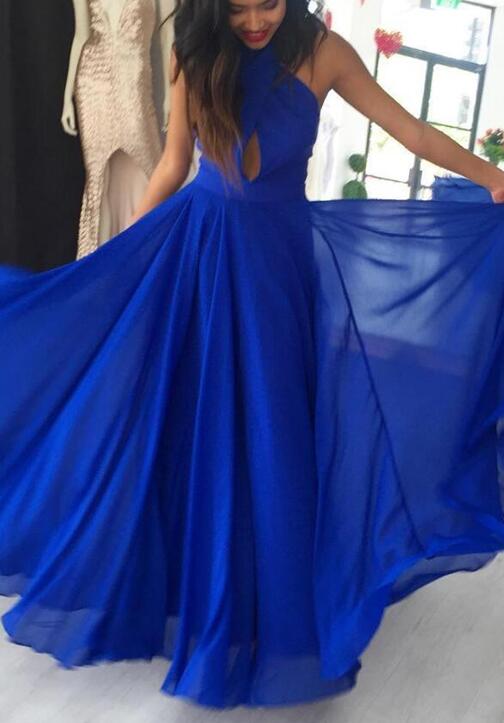 Blue Chiffon Party Dresses, Floor Length Formal Gowns, Halter Prom Dress 2018