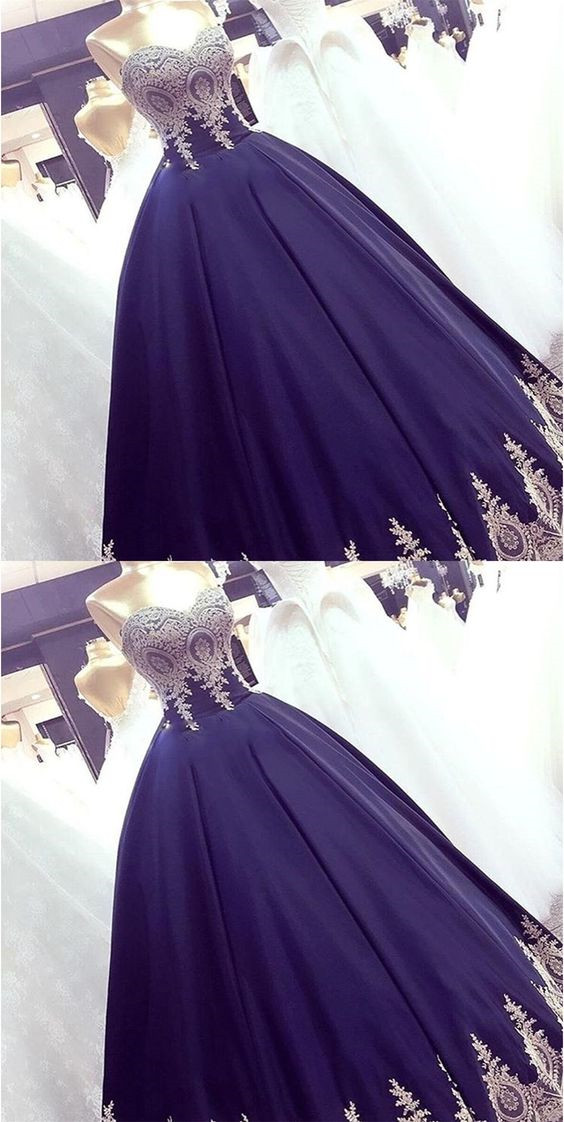 Charming Satin And Gold Applique Floor Length Formal Dresses, Blue Party Gowns, Formal Dress 2018