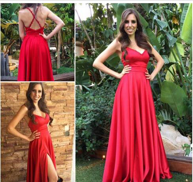 Red Stain Leg Slit Long Party Dresses, Sexy Red Formal Dresses, Party Gowns 2018