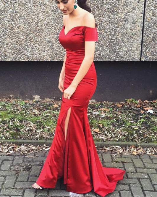 Red Off Shoulder Slit Satin Sexy Party Dress 2018, Red Formal Gowns, Off Shoulder Evening Dress