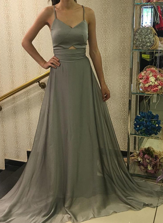 Grey Formal Gowns 2018, Chiffon Party Gowns, Unique Floor Length Party Dresses