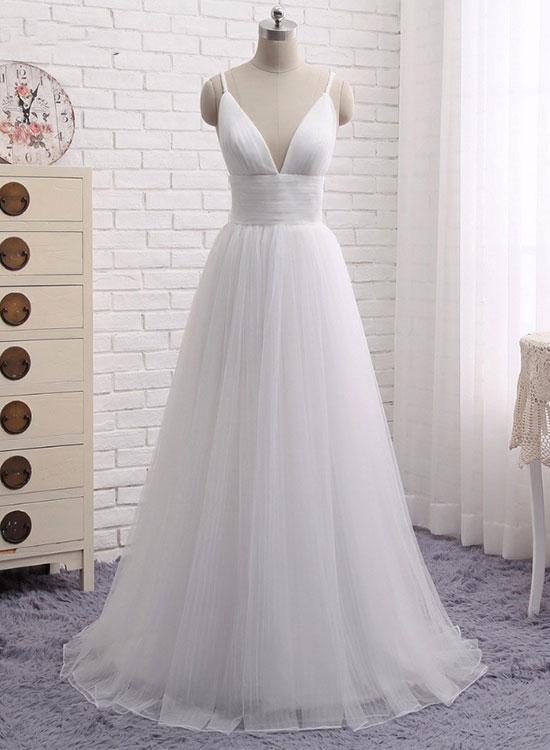 White Tulle Simple Wedding Dresses, Straps Junior Prom Dresses, Formal Dress For Women