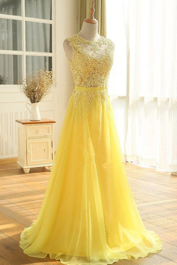 Brilliant Yellow Applique And Chiffon Floor Length Prom Dresses, Yellow Formal Gowns, Yellow Party Dress