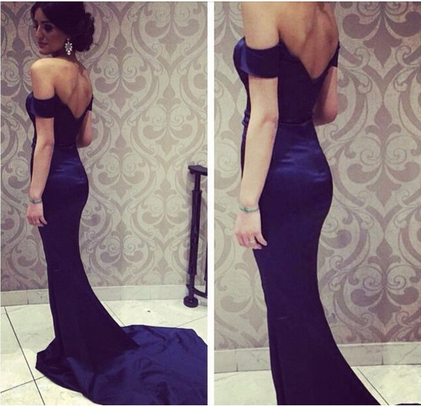 Charming Dark Blue Mermaid Prom Dresses Off The Shoulder With Zip Back, Satin Floor Length Formal Gowns