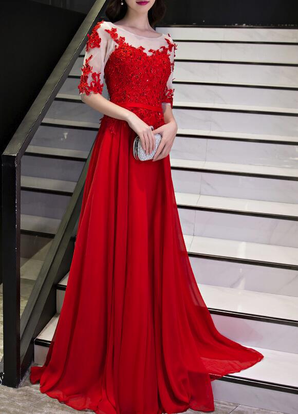 Beautiful Red Chiffon Short Sleeves Prom Dress 2018, Long Formal Gowns 2018, Red Party Dresses