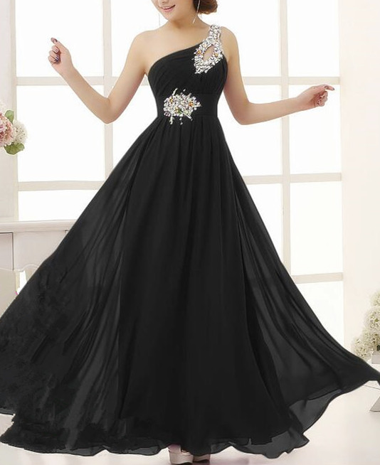 Black One Shoulder Beaded Long Prom Dresses, Charming Black Formal Dress, Teen Party Dresses