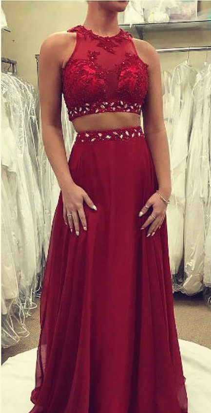 Charming Two Piece Dark Red Prom Dresses,beaded Prom Dress,chiffon Evening Dress,lovely Formal Dress