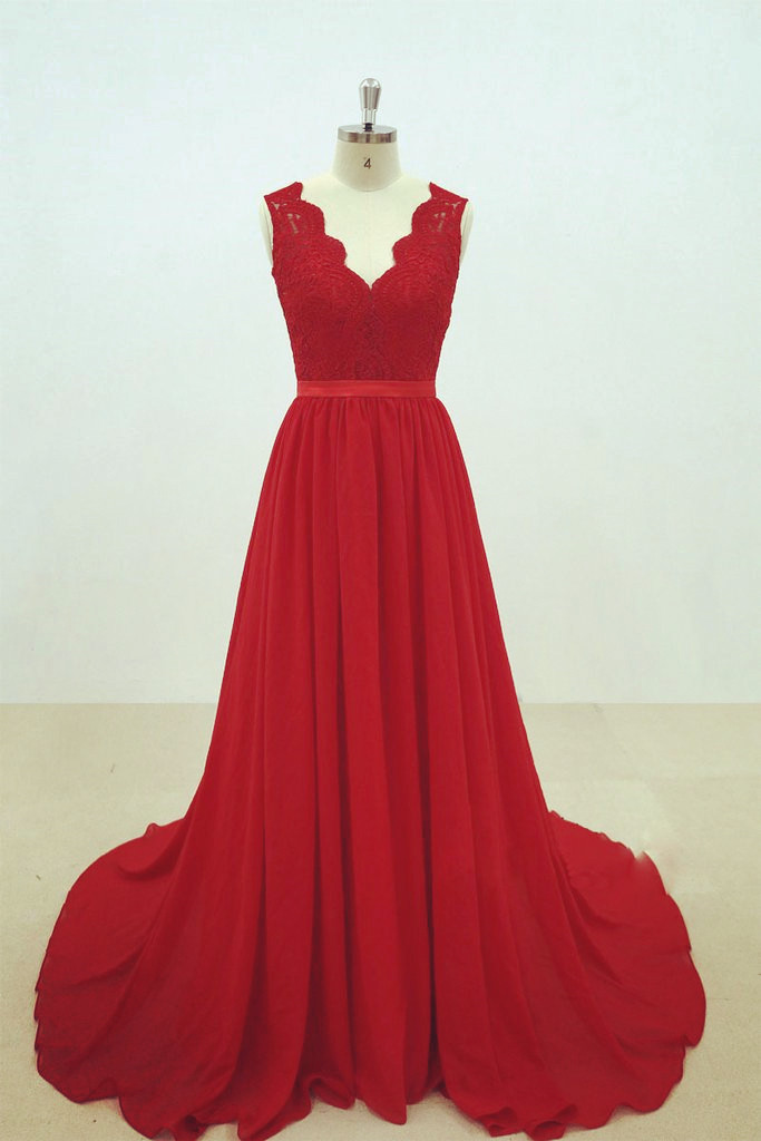 Red Chiffon Party Dress With Applique, Chiffon Formal Gowns, Red Party Dresses