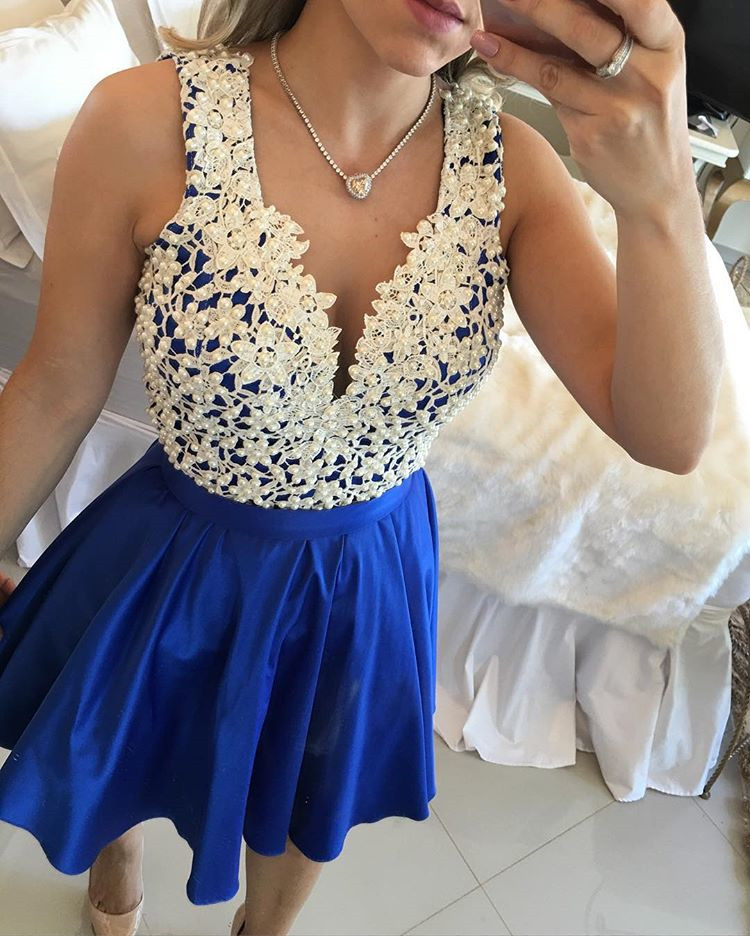 Blue Beading And Applique Short Party Dresses, Cute Party Dress, Short Prom Dress 2018