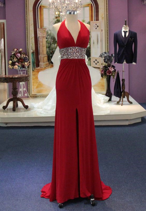 Sexy Red Beaded Slit Long Formal Dress, Red Prom Dress 2018, Red Party Gowns