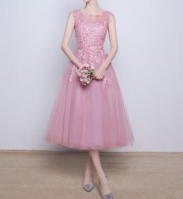 Pink Tea Length Party Dresses, Pink Formal Dresses, Bridesmaid Dresses