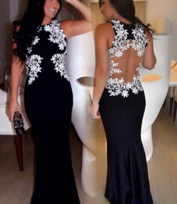 Black Mermaid Long Formal Dress With White Applique, Charming Party Dresses, Prom Dress 2018