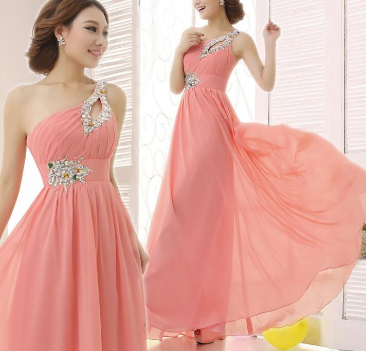 One Shoulder Pink Chiffon Party Dresses, Beaded Party Dress, Chiffon Party Dresses