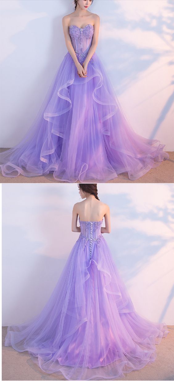 Charming Lilac Tulle Formal Gowns, Sweetheart Formal Dresses, Women Party Gowns