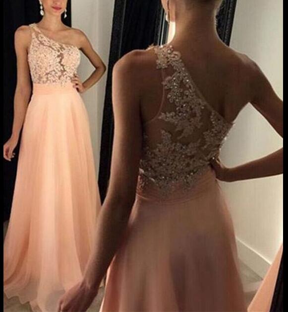 One Shoulder Pink Applique Elegant Party Gowns, Long Pink Junior Prom Dress, Party Dress