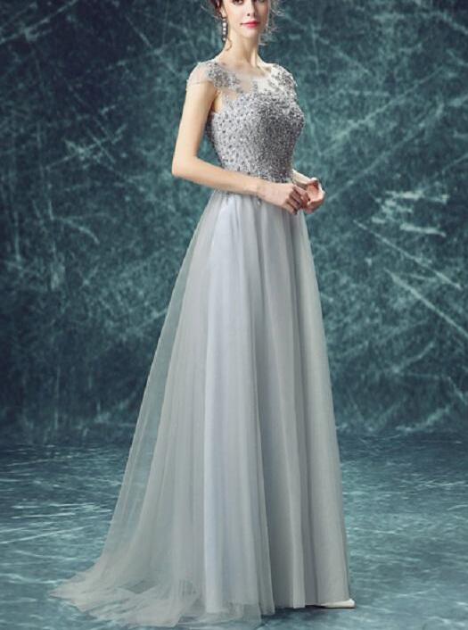 Grey Tull Scoop Floor-length Appliques Beading Long Prom Dresses 2018, Grey Party Dresses
