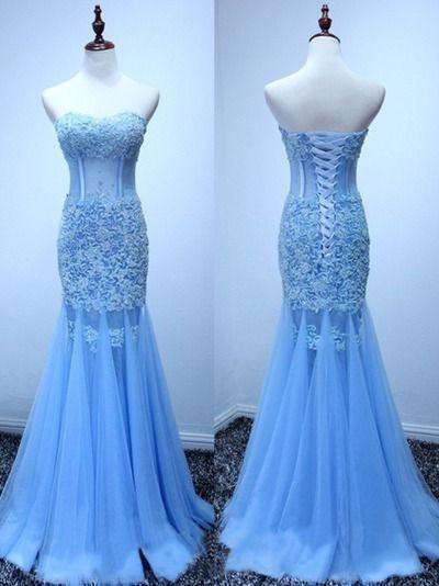 Blue Mermaid Long Applique Tulle Formal Gowns, Blue Party Dresses, Elegant Prom Dress 2018