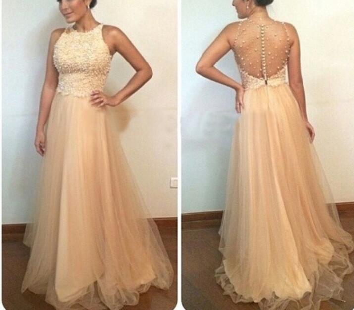 Champagne Beaded Long Party Dress, Cute A-line Formal Dress, Junior Prom Dress 2018