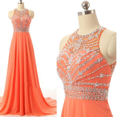 Orange Chiffon Beaded Long Party Dress,charming Junior Prom Dress 2018, Formal Gowns