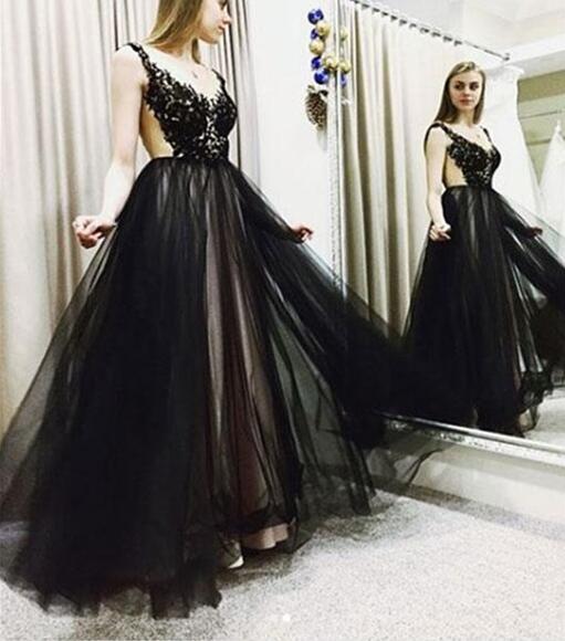 Black Tulle And Applique Pretty Long Formal Dress, Black Party Dress, A-line Prom Dress