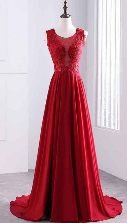 Red A-line Long Sleeveless Prom Dresses, Red Formal Dress, Long Party Gowns 2018