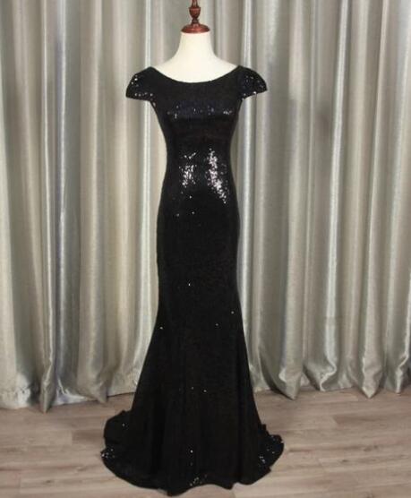 Black Sequin Cap Sleeve Floor Length V Open Back Bridesmaid Dress