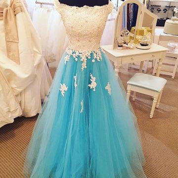 Charming Tulle Blue Off Shoulder Applique Floor Length Party Dress, Cute Teen Formal Dress 2018