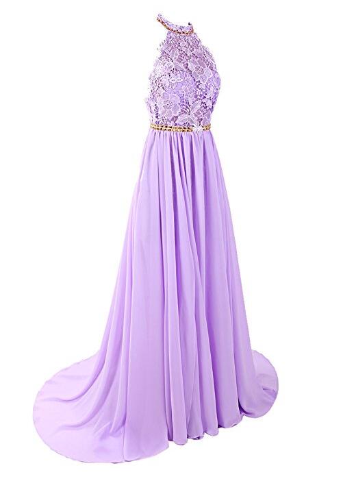 Lavender Chiffon And Lace Long Beaded Party Dress, Style Prom Dress 2018, Beaded Gown