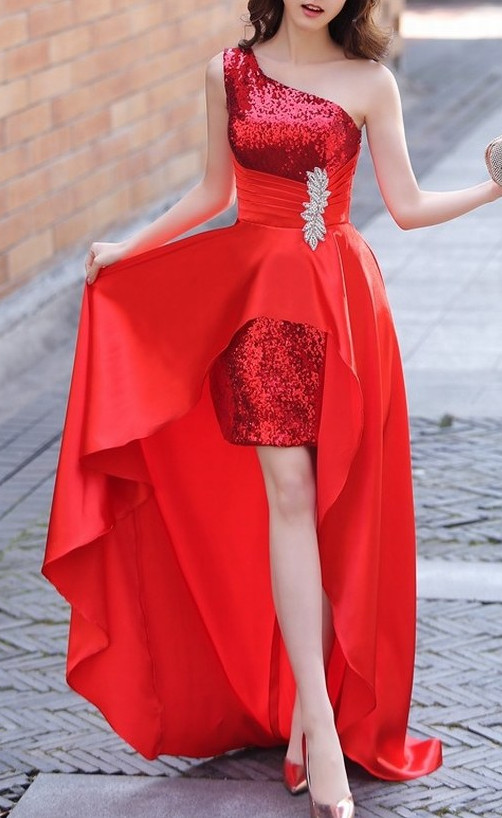 Red Sequins And Satin High Low Dress, Red Homecoming Dresses, Party Dress 2018