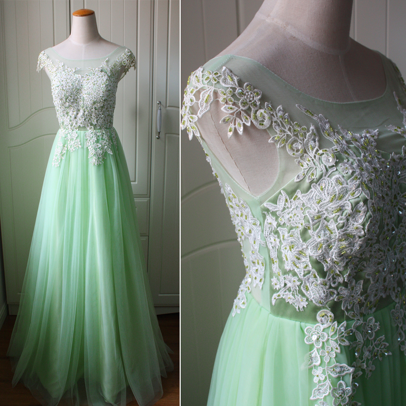 Green Tulle And Applique Long Prom Dress, Charming Tulle Gowns, Prom Dress