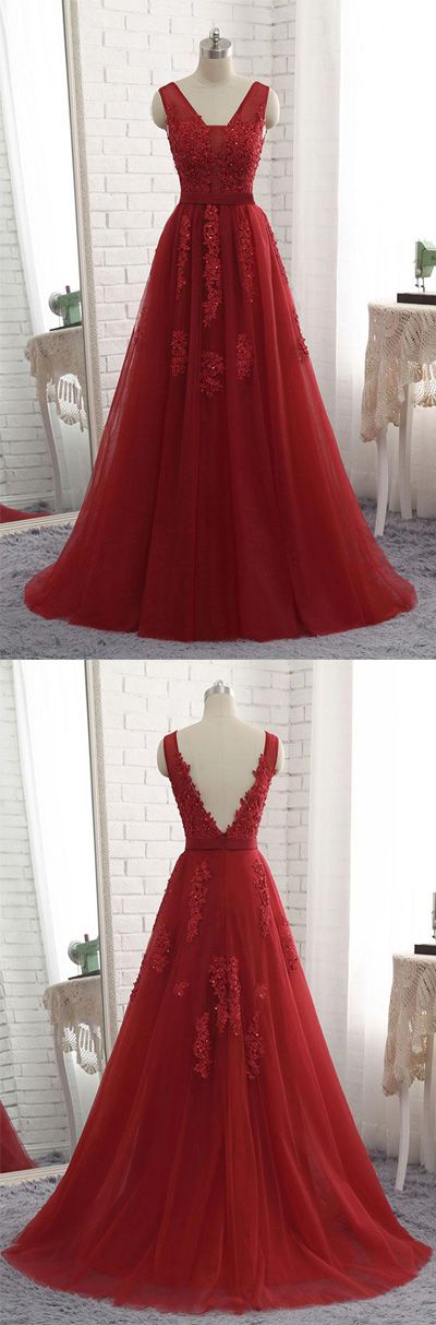 Dark Red Prom Dress 2018, Formal Gowns, Wine Red Tull V-neckline Evening Gowns