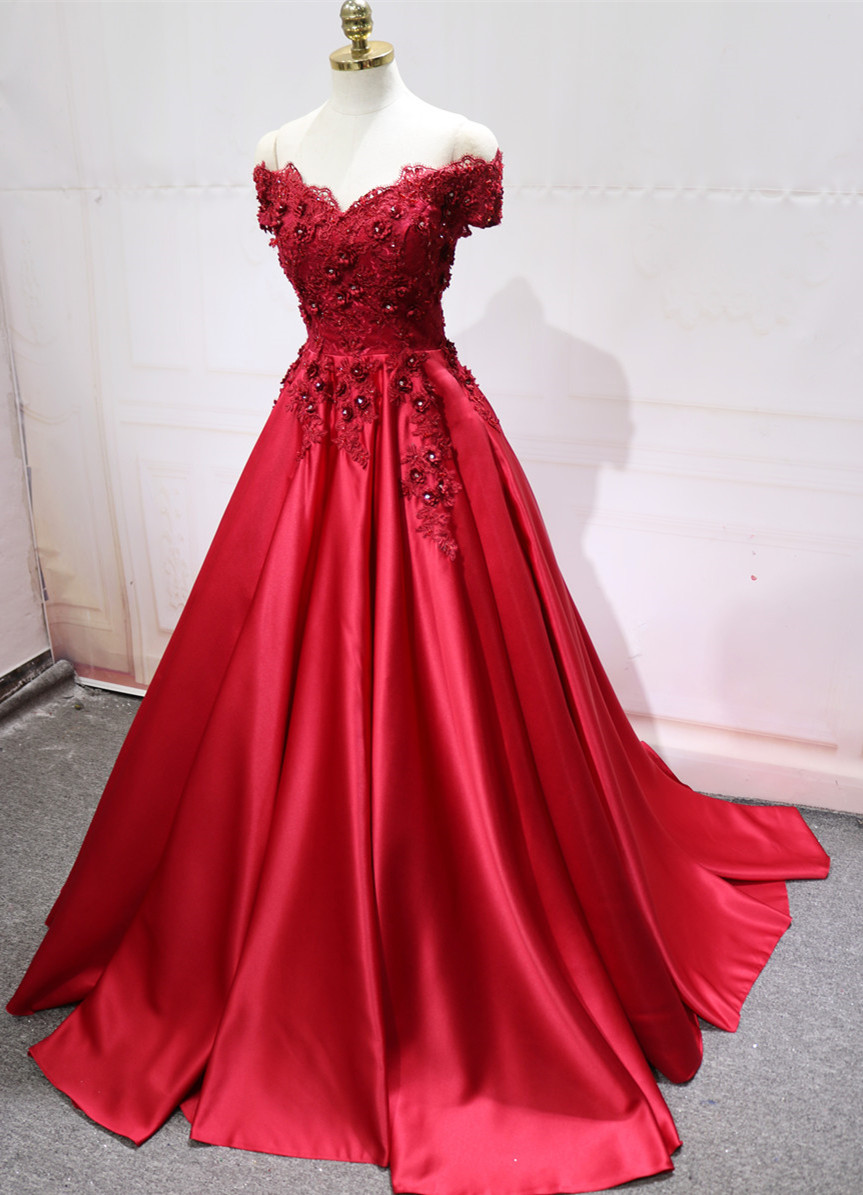 Gorgeous Red Satin With Applique Off Shoulder Long Party Dress, Red Formal Gowns, V-neckline Party Dress