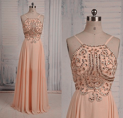 Light Pink Beaded Backless Prom Dress 2018, Beaded Party Gowns, Handmade Formal Dresses