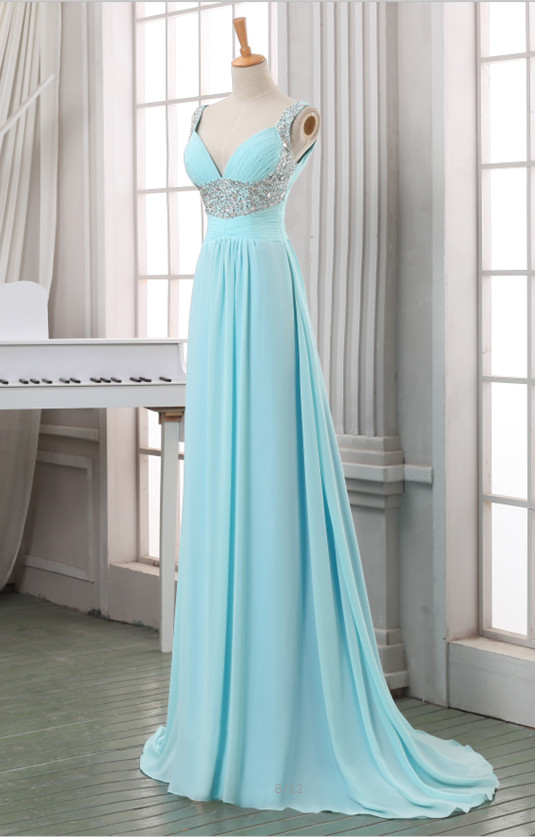 Light Blue Chiffon Sequins V-neckline Floor Gowns, Blue Prom Dresses, Party Dress 2018