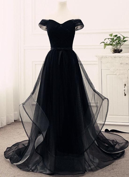 Black Off-the-shoulder Tulle A-line Long Prom Dress, Evening Dress Featuring Lace-up Back