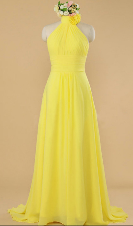 Yellow Chiffon Halter Bridesmaid Dresses, A-line Floor Length Party Dress, Formal Gowns 2018
