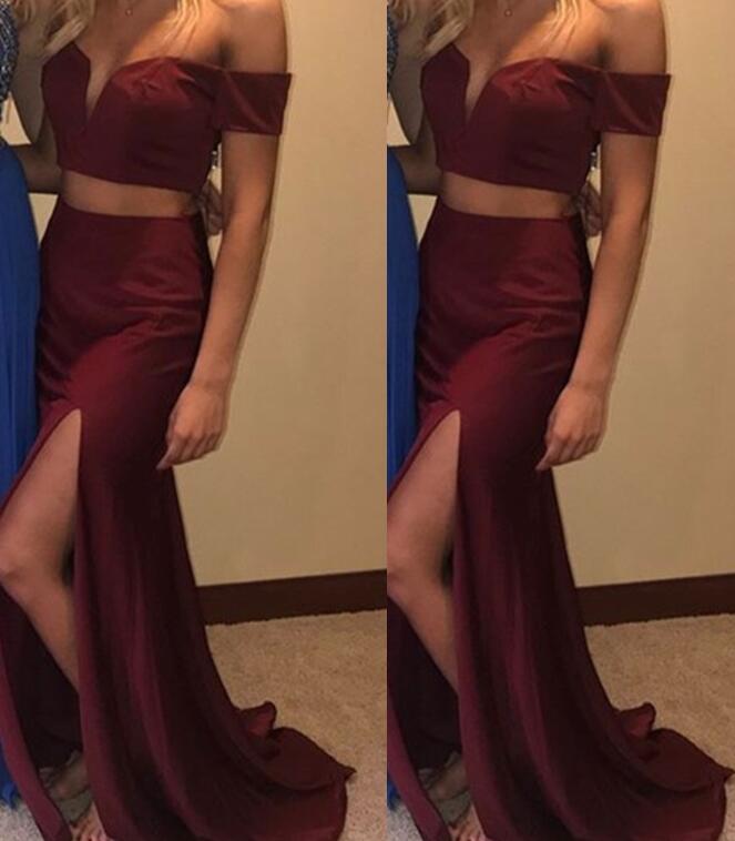 Burgundy Two Piece Slit Off Shoulder Party Gowns, Satin Prom Dress 2018