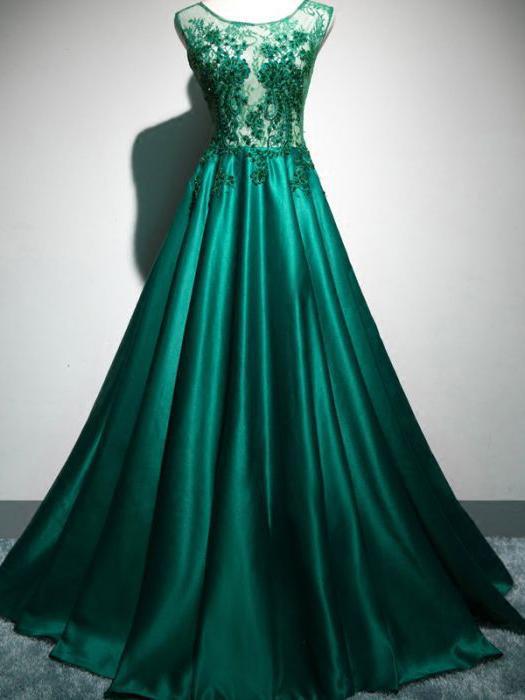Green Satin Long Prom Dress, Lace Detail Party Dress, A--line Party Gowns