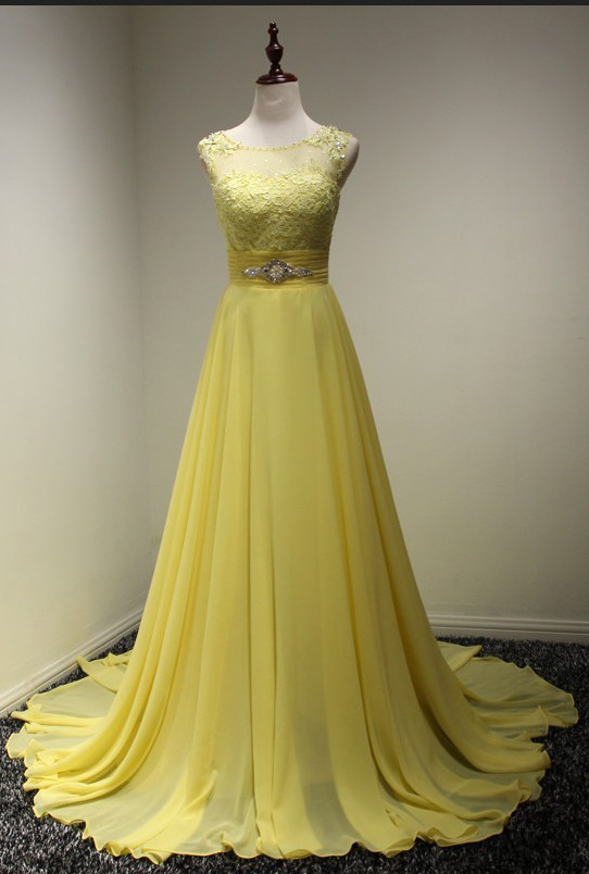 Yellow Chiffon Prom Dress 2018, Long Chiffon Evening Gowns,zipper Evening Dress, Carpet Dresses
