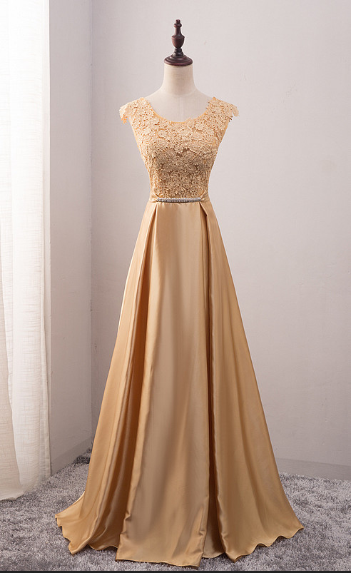 Gold Satin Long Lace Appliqués Cap Sleeves Scoop Neck Prom Dress, Formal Dress 2018