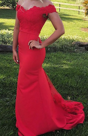Red Off Shoulder Long Party Dress, Lace Detail Bridesmaid Dresses, Red Formal Dresses