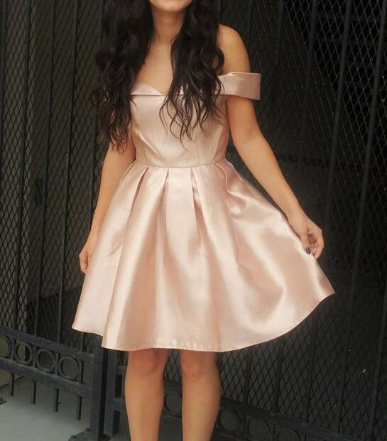 Short Pink Satin Off Shoulder Party Dress, Homecoming Dresses, Party Dress 2018