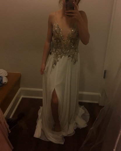 Ivory Slit Chiffon V-neckline Straps Lace Applique, Charming Prom Dress, Sexy Party Dresses 2018